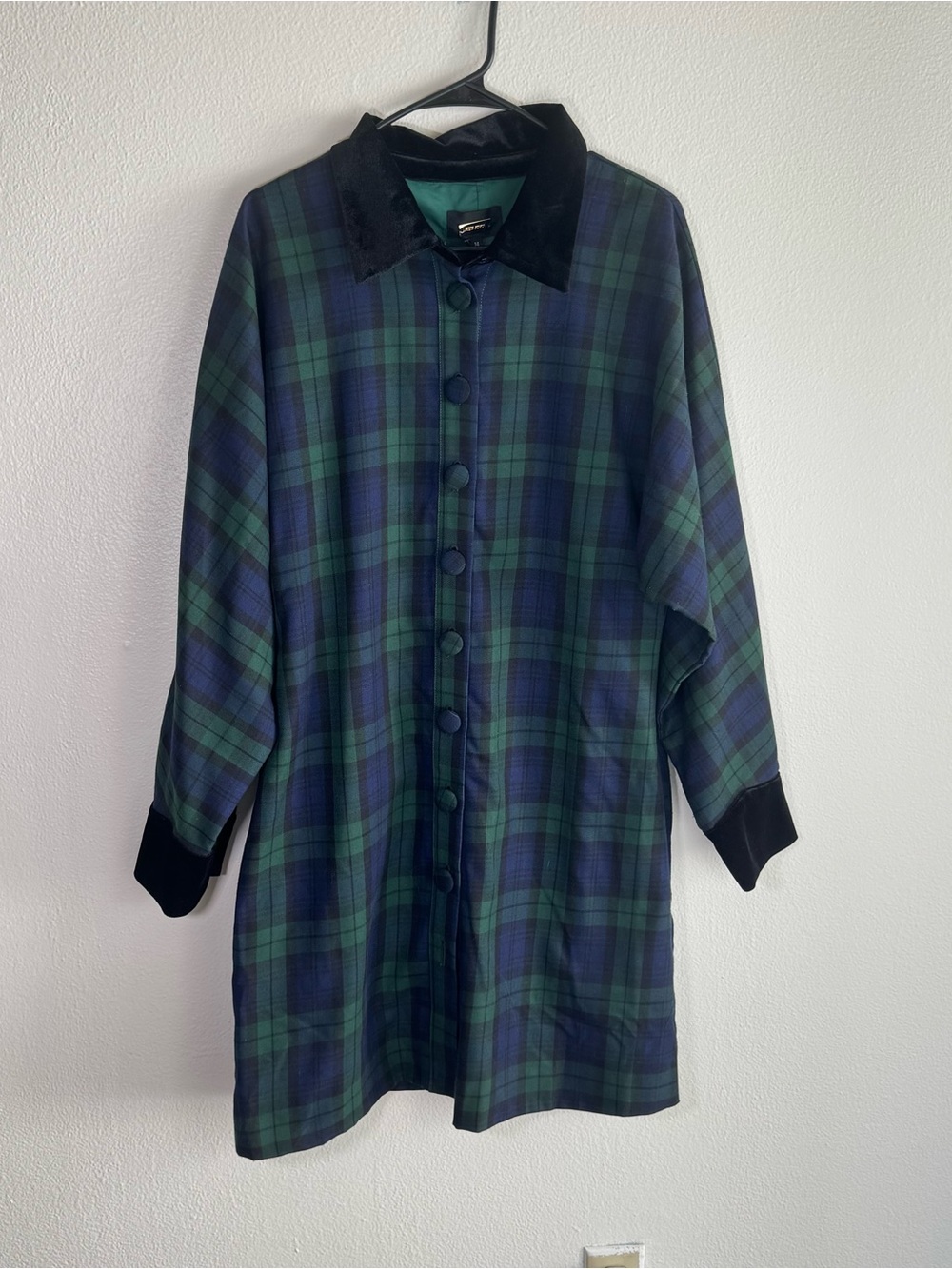 Alexia Admor Plaid Velvet Shirt Dress Size 14 Green Navy Long Sleeve